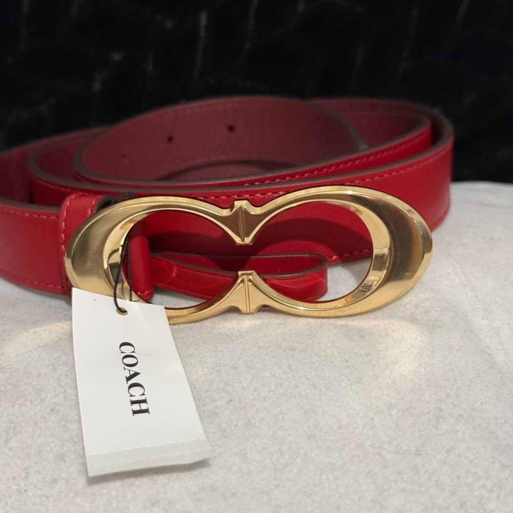 COACH Red Leather Belt with Gold Interlocking Signature Buckle